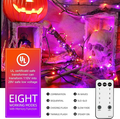 Orange Purple Halloween String Lights, Halloween Light | 105FT 300 LED Color Changing, End to End Plug Waterproof Halloweens Decoration Lights Outdoor Indoor for Bedroom Patio Decor
