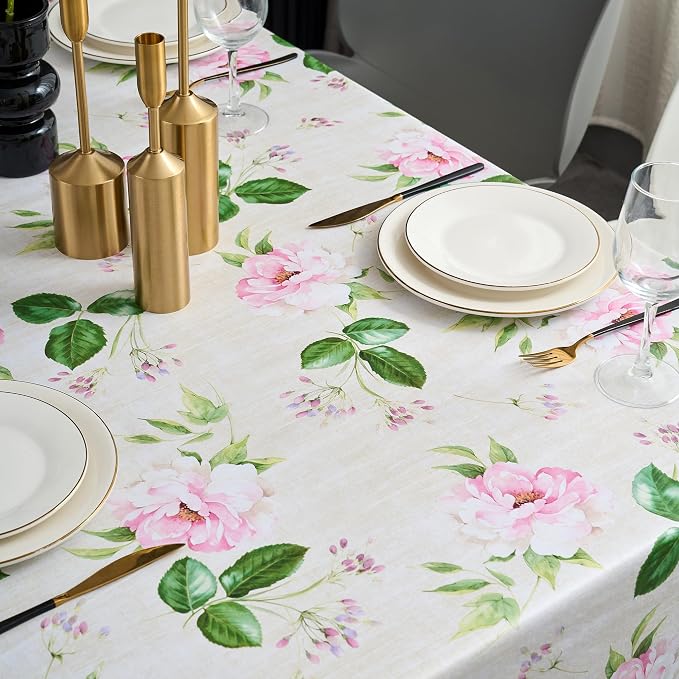 LIBERECOO Reinforced Vinyl Tablecloth with Flannel Backing Waterproof Oil-Proof Floral Plastic Table Cloth Stain-Resistant Wipeable Table Cover Not Stiff