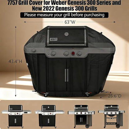 QuliMetal 63 Inch Grill Cover for Weber Genesis 300 Series and New 2022 Genesis 300 Grill, Heavy Duty Waterproof Fade Resistant Outdoor BBQ Grill Cover with Elastic Drawstrings, Compared to Weber 7757