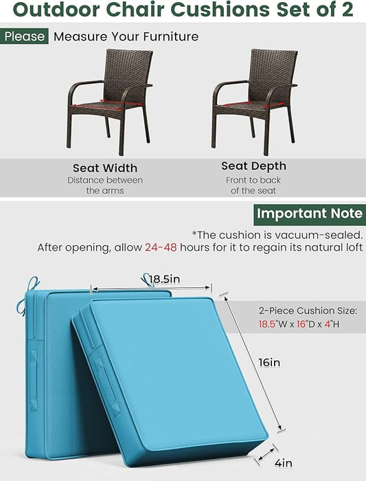 Outdoor Chair Cushion 18.5 x 16 x 4 Inches Patio Furniture Outdoor Waterproof Seat Cushion, Patio Chair Cushion with Handles and Ties, Square Dining Chair Cushion Set of 2, Lake Blue