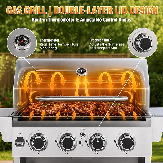 COWSAR 4-Burner Propane Gas Grill, 32K BTU, Stainless Steel BBQ, Outdoor | 4-Burner Propane Grill, 32K BTU, Stainless Steel & Foldable Tables, Outdoor BBQ Patio, Thermometer & Lockable Casters