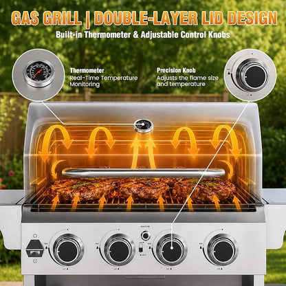 COWSAR 4-Burner Propane Gas Grill, 32K BTU, Stainless Steel BBQ, Outdoor | 4-Burner Propane Grill, 32K BTU, Stainless Steel & Foldable Tables, Outdoor BBQ Patio, Thermometer & Lockable Casters