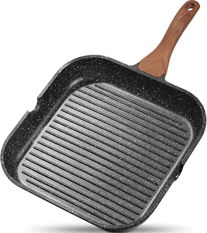 ESLITE LIFE Nonstick Grill Pan for Stove Tops, Versatile Griddle with Pour Spouts, 9.5 Inch Square Big Grilling Skillet Steak Pan for Indoor & Outdoor Cooking, PTFE & PFOA Free, Black
