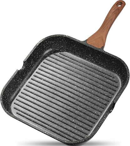 ESLITE LIFE Nonstick Grill Pan for Stove Tops, Versatile Griddle with Pour Spouts, 9.5 Inch Square Big Grilling Skillet Steak Pan for Indoor & Outdoor Cooking, PTFE & PFOA Free, Black