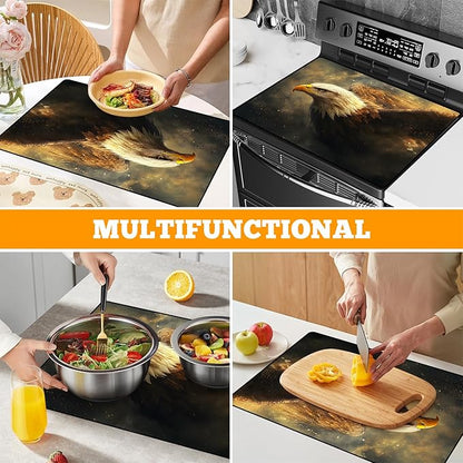 Multi-Design Stove Cover for Glass/Electric Stoves - 3-in-1 Heat-Resistant Protector Mat, Non-Slip Drying Rack 28"x20" (Eagle)