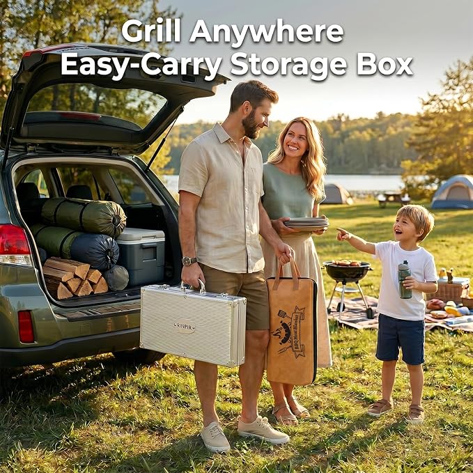 RINPIR 21pcs BBQ Grill Accessories Set with 21” Reusable Meat Blanket Black | Father’s Day Grilling Gifts for Men Dad, Stainless Steel Grill Tools Utensils Kit in Aluminum Case for Outdoor Camping