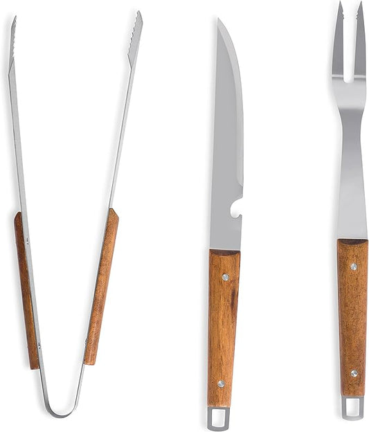 Internet’s Best 3-Piece BBQ Grilling Utensil Set - Long Wooden Handle Spatula, Barbeque Fork, and Serrated Tong Meat Grabbers - Smoker Charcoal Gas Electric Cooking Utensils