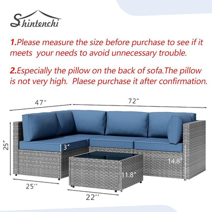 5 Piece Outdoor Patio Furniture Set,Silver PE Rattan Wicker Sectional Sofa, All Weather Conversation Set with Washable Cushions & Glass Coffee Table for Backyard Poolside Garden Porch,Navy Blue