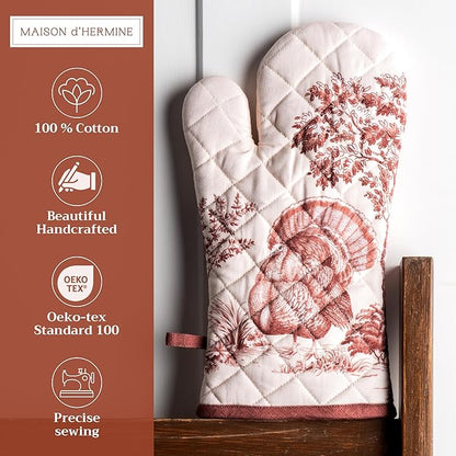 Maison d' Hermine Oven Gloves 100% Cotton Oven Mitt 7" x 13" with Loop Heat Resistant BBQ Cooking Gloves for Thanksgiving Christmas Decorations Baking Handling Hot Pans (Pack of 1, Holy Jouy - Brown)
