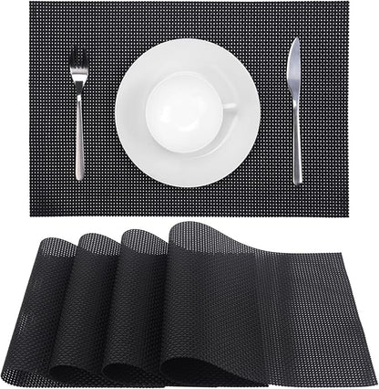 Zupro Placemats Set of 4 for Kitchen Dining Table Washable Braided Table Mats Heat-Resistant Placemats Non-Slip Woven PVC Vinyl Place Mats for Everyday use or Holidays Dinner BBQs 18"x12"(Black