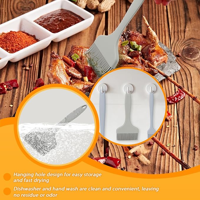 LELE LIFE 3 Sizes Silicone Basting Brush, Extra Large Heat Resistant Pastry Brush Spread Oil Butter Sauce Marinade for BBQ Grilling Baking Kitchen Food Cooking (Grey)