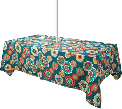 60"x84" Rectangle Tablecloth with Umbrella Hole and Zipper, Washable Waterproof Wrinkle Free Zippered Patio Table Cloths Table Covers for Party, Backyard, Picnic, BBQS (Heronsbill Turquoise Green)