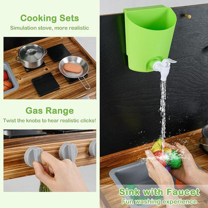 INFANS Mud Kitchen, Outdoor Play Kitchen with Drawing Board, Real Water Flow, Removable Sink, Storage, Cooking Accessories, Wooden Kids Kitchen Playset Gift for Boys Girls Ages 3+