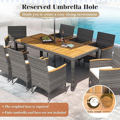 COSTWAY 9-Piece Patio Dining Set for 8, Outdoor Rattan Wicker Table and Chairs Furniture Set with Umbrella Hole, Acacia Wood Tabletop for Backyard, Balcony, Poolside, Grey & White