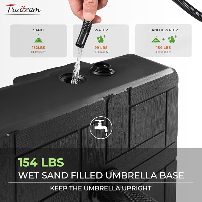 FRUITEAM 155lb Capacity Fillable Portable Umbrella Base with Wheels,Patio Umbrella Base Heavy Duty, Square Market Stand for Patio,Outdoor w/ 4 Wheels, 2 Knobs, Suitable for 6-12 ft Outdoor Umbrella