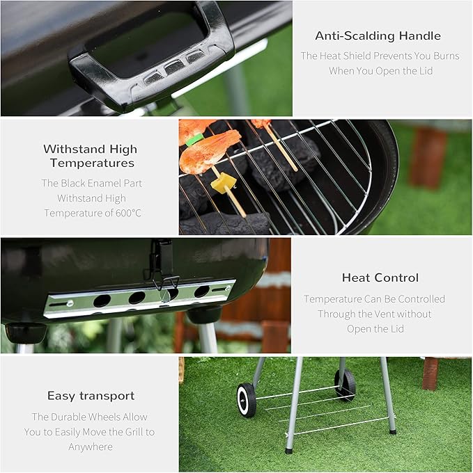 Portable Charcoal Grill with Porcelain Enamel Bowl and Adjustable Damper for Camping, Picnics, Backyard