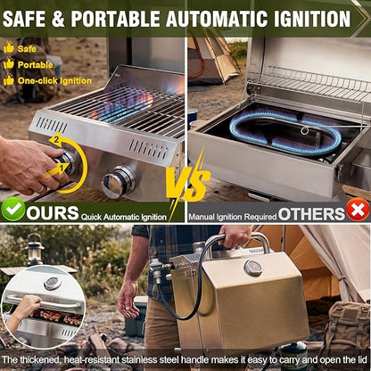 Bestfire 2-Burner Tabletop Propane Gas Grill, Dual Connections, 20,000 BTU Stainless Steel Portable Grill, Fits Large Gas Cylinders/Small Canisters, for Camping, RV, Outdoor BBQ