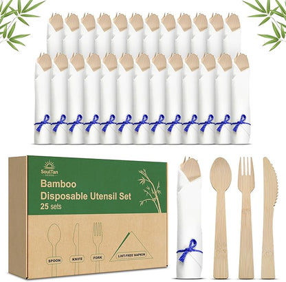 Prerolled Disposable Bamboo Cutlery Set – 25 Pack Pre Wrapped Silverware and Napkin Bundle with Forks, Knives, Spoons for Parties, Weddings, Events, and BBQ (Blue String)