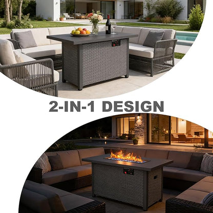 42 inch Propane Fire Pit Table, 50,000 BTU Outdoor Fire Pit Table with Steel Lid and High-Temp Crystal Beads, 2 in 1 Rectangle Gas Fire Pit Table for Garden/Patio Outside (42 inch, With Crystal Beads)