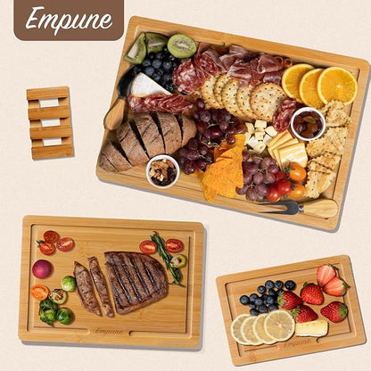 Bamboo Cutting Boards for Kitchen, 3 Piece Extra Thick Cutting Board Set with Juice Groove, Deep Carbonized Bamboo Chopping Board, Reversible Wood Cutting Board for Meat, Charcuterie & Serving