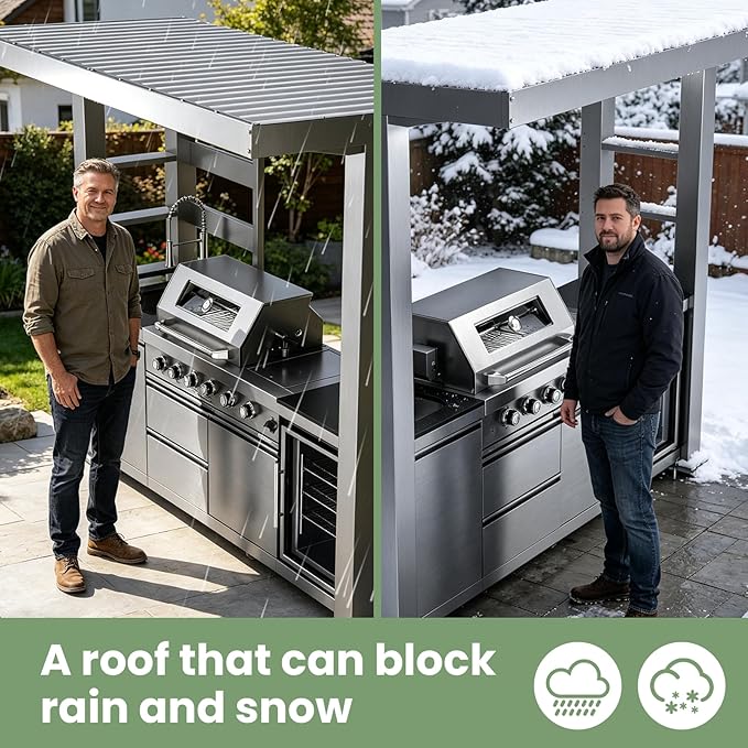 97" Stainless Steel Outdoor Kitchen Island with 4-Burner 72000 BTU,Natural Gas Grill with Side Burner,Rotisserie Oven,Refrigerator,Galvanized Steel Roof,Granite Countertops,Sink.(Natural Gas)