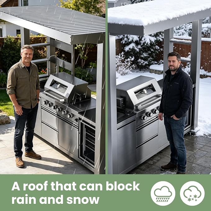 97" Stainless Steel Outdoor Kitchen Island with 4-Burner 72000 BTU,Natural Gas Grill with Side Burner,Rotisserie Oven,Refrigerator,Galvanized Steel Roof,Granite Countertops,Sink.(Natural Gas)