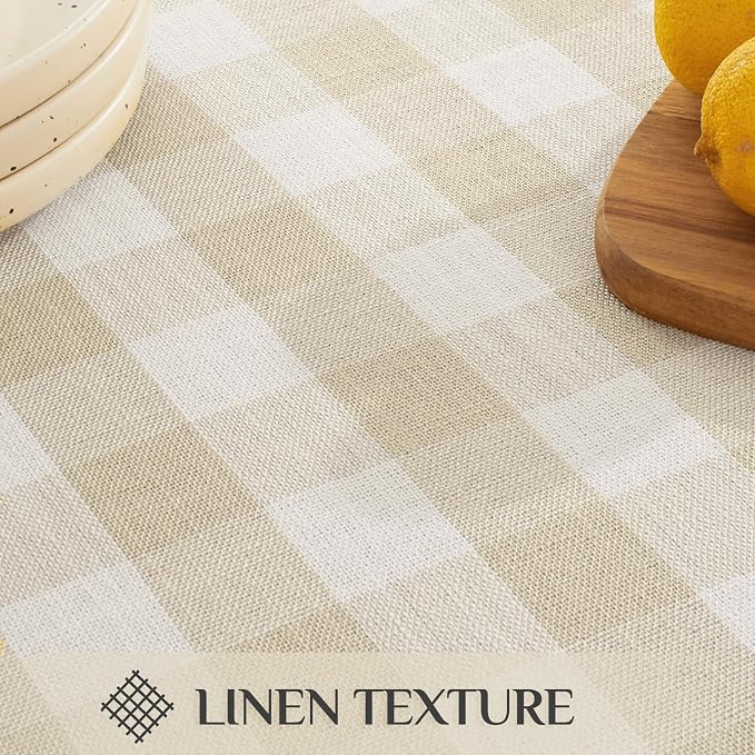 Softalker Checkered Tablecloth Rectangle, Outdoor Linen Cotton Gingham Table Cloth with Tassel, Heavy Duty Wrinkle Free Buffalo Plaid Table Cover for Kitchen Dining Summer Party - 55 x 84 Inch, Beige