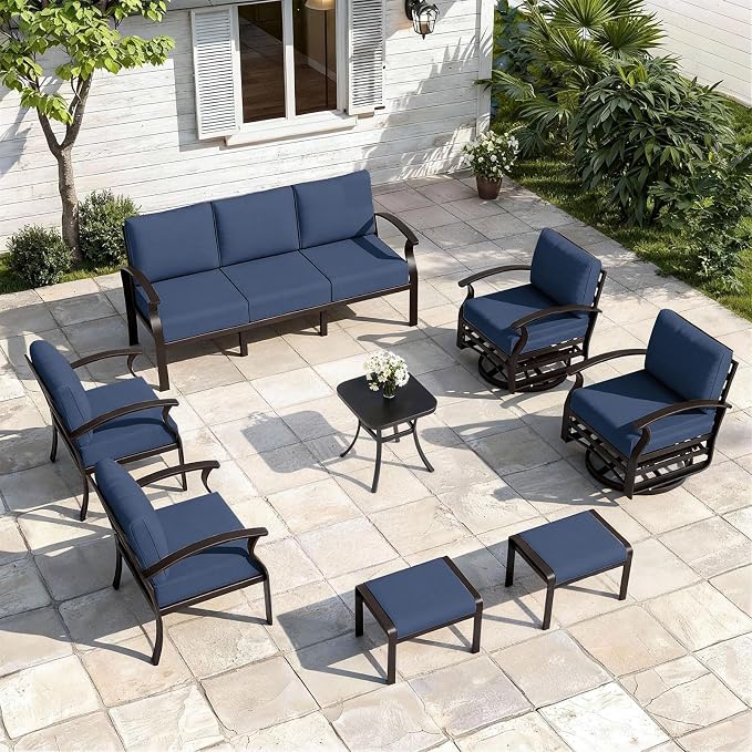 ALAULM Aluminum Patio Furniture Set with 2 Swivel Chairs 9-seat Metal Outdoor Furniture Patio Sectional Sofas Patio Conversation Set w/2 Ottomans for Patio, Backyard, Poolside-Dark Blue