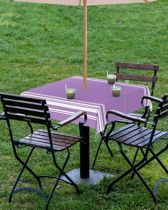 QueenKer Farmhouse Outdoor Tablecloth with Umbrella Hole, Purple White Stripe Square Tables Zippered Table Cloth Waterproof Tabletop Table Cover Collection for Patio, Garden, Picnic, Camping, Dining