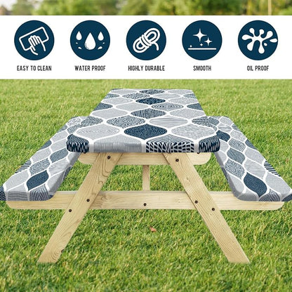 JAWO Blue and Grey Picnic Table Cover with Bench Covers, Modern Camping RV Essentials Gear Supplies Outdoor Waterproof Windproof Tablecloth with Elastic, 72X72inch