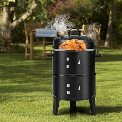 Giantex 3-in-1 Outdoor Smoker Grill, Portable Charcoal BBQ Grill, Built-in Thermometer and Air Vent, 6 Hooks, 2 Layers Vertical Steel Charcoal Smoker for Outdoor Cooking Camping