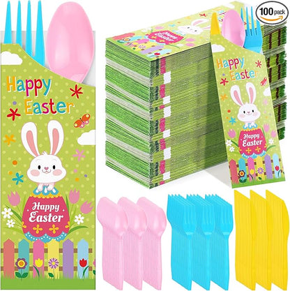 WILLBOND 400 Pcs Easter Plastic Cutlery Set Paper Silverware Bags with Plastic Forks Knives Spoons Disposable Cutlery Utensil Holder for Easter Wedding Party Restaurant Kitchen