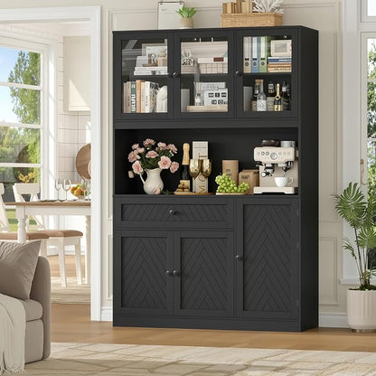 BOTLOG 72” Tall Kitchen Pantry Storage Cabinet, Modern White Kitchen Hutch with Large Storage Drawer, Countertop, Adjustable Shelves, Food Pantry Cabinets for Dining Room, Living Room (Black) | Kitchen Hutch with Large Storage Drawer, Countertop, Adjus...
