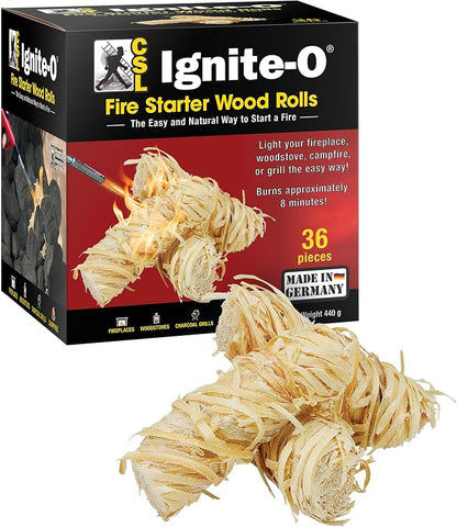 Ignite-O Fire Starter Natural Wood Rolls - 36 Pieces - Made in Germany - Sustainably Grown Wood - Non-Toxic Firestarter for Fireplaces, Woodstoves, Campfires & Grills - Quick & Easy