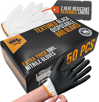 Black Disposable BBQ Grill Gloves Kit - 50 Heavy Duty Textured Grip and 2 Heat Resistant Reusable Liners Meat Pulling