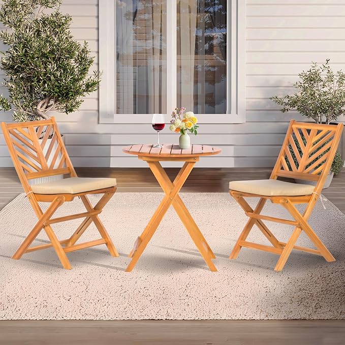 Werph 3-Piece Acacia Wood Patio Set, Foldable Bistro Table and Chairs Set | Small Patio Furniture Set with Cushions, Folding Balcony Chairs Table Set for Apartment, Balcony, Deck or Porch