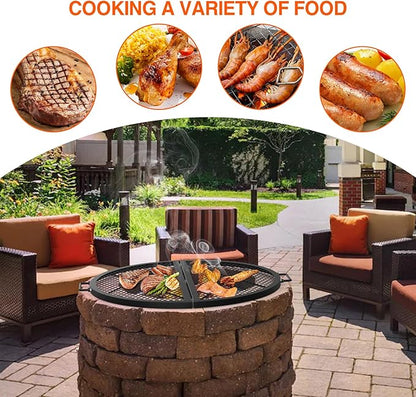 only fire X-Marks Fire Pit Cooking Grate, Foldable Round Grate for Outdoor Cooking, Heavy Duty Steel Campfire BBQ Grill Grid with Handle, Portable Camping Cookware, 30 inch