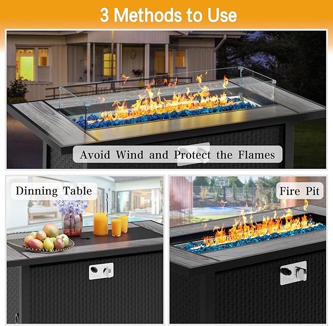 45in Fire Table, Propane Fire Pit with Glass Wind Guard and Rain Cover, Outdoor Firepit Table 50000 BTU 3-in-1 Fire Table for Patio/Yard/Balcony, Gray Tabletop