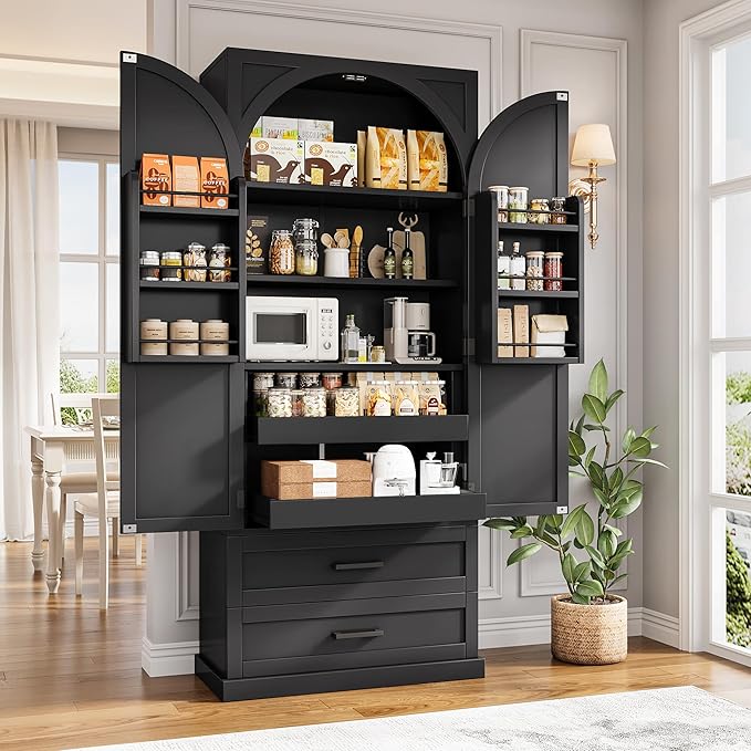 iPormis 71" Tall Kitchen Pantry Storage Cabinet w/Adjustable Shelf, Large Drawers & Door Shelves, Freestanding Kitchen Cupboard for Dining Room/Living Room, Black