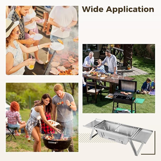 Foldable BBQ Charcoal Grill for Outdoor Activities, Portable Stainless Steel Smoker for Camping, Travel & Backyard