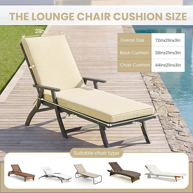 Chaise Lounge Cushions Outdoor, 72 x 21 Inch Water & Fade-Resistant Patio Furniture Lounge Cushion Set of 2, Beach Umbrella Lounger Chair Replacement Cushion with Removable Cover Pad, Beige