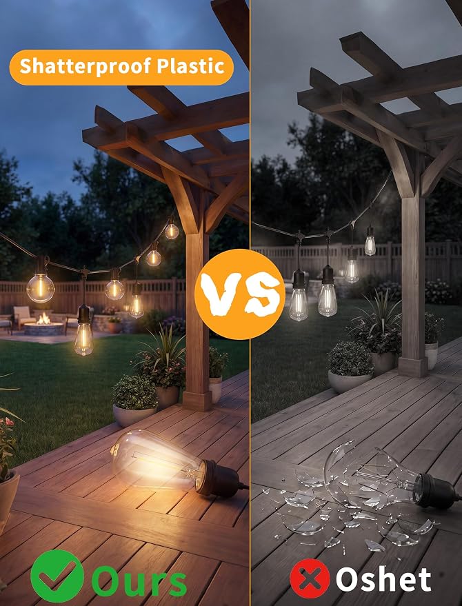30FT 19-Light T Shape Outdoor String Lights, ST38 G40 Patio Lights | 19 Shatterproof LED Bulbs, 2700K Warm White, UL-Listed, Dimmable, IP65, Plug In, Commercial Grade Patio Pergola Cafe Backyard