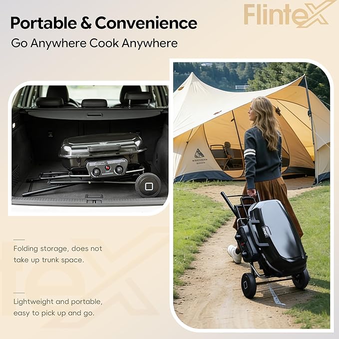 Flintex 2-Burner Portable Propane Gas Grill, Foldable 2-in-1 Camping Propane Grill with Porcelain-Enameled Griddle & Grill Grate for Outdoor Camping Picnics Backyard Cooking, Black