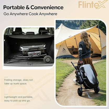 Flintex 2-Burner Portable Propane Gas Grill, Foldable 2-in-1 Camping Propane Grill with Porcelain-Enameled Griddle & Grill Grate for Outdoor Camping Picnics Backyard Cooking, Black