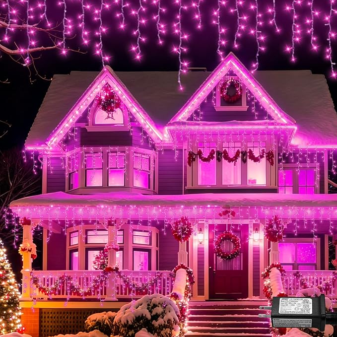 YEGUO 33ft 400 LED Pink Icicle Lights, 80 Drops Icicle Lights for Outside Connectable, 8 Modes String Christmas Light with Memory Timer