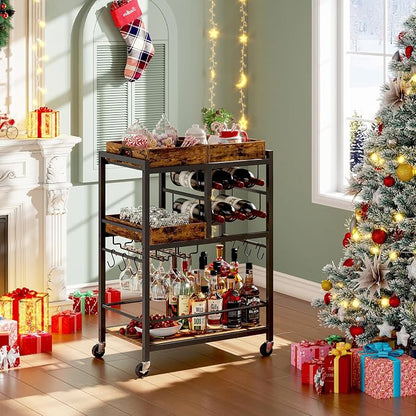 TUTOTAK Bar Cart with Wheels, Drink Cart with Wine Rack and Glass Holder | 3-Tier 24.8 Inch Wide Home Bar Serving Carts, Small Mobile Kitchen Shelf with 6 Hooks, Rustic Brown BC01BB037