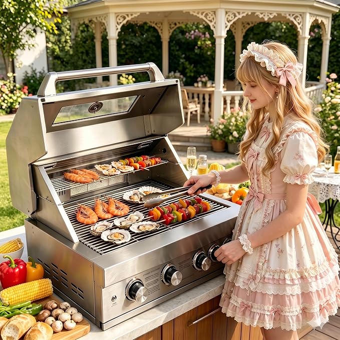 Premium 5-Burner (Including Rear Burner) Built-in Gas/Charcoal Grill — Portable 304 Stainless Steel Outdoor Grill with 12,000 BTU High-Power Output, 495 Sq. In. Cooking Area (31-IN)
