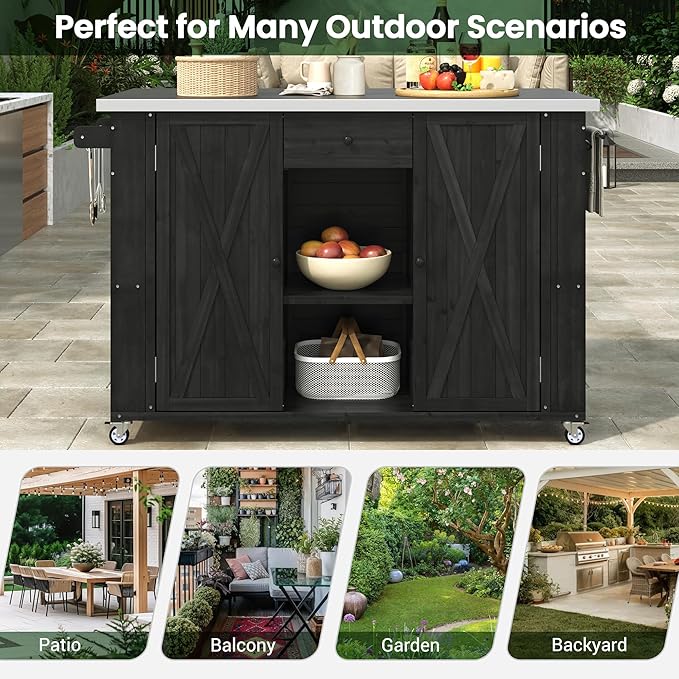 52.25" W x 28.75" D x 36.25" H Outdoor Kitchen Island Fir Wood Stainless Steel Black