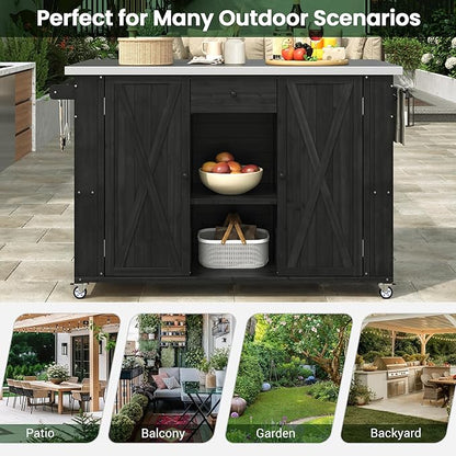 Outdoor Kitchen Island Fir Wood Kitchen Island with Stainless Steel Top,Ample Storage Space, Towel and Spice Racks and a Bottle Opener for Outdoor (Black@53)