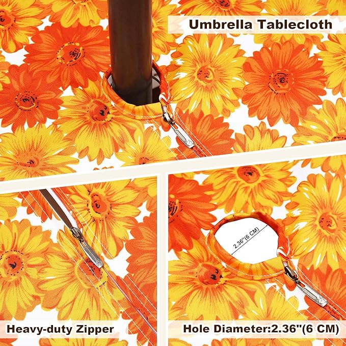 Poise3EHome 60 inches Round Outdoor Tablecloth with Umbrella Hole and Zipper,Spillproof Patio Table Cloth for Camping Picnic Party Garden Table, Yellow Flower